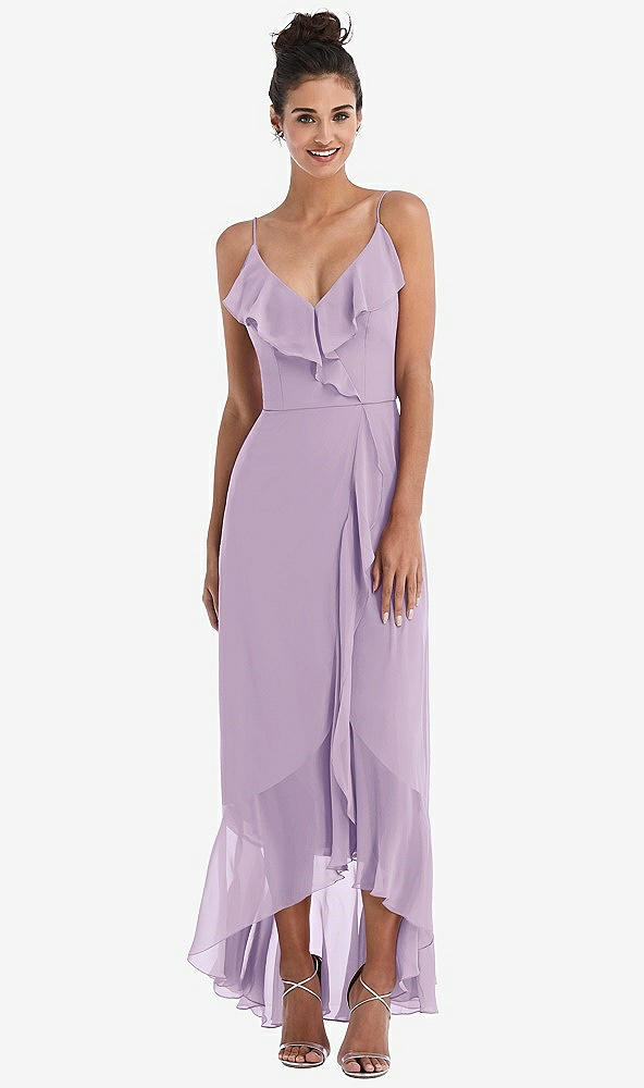 Front View - Pale Purple Ruffle-Trimmed V-Neck High Low Wrap Dress