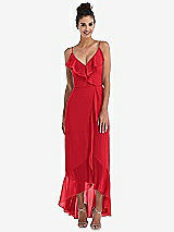 Front View Thumbnail - Parisian Red Ruffle-Trimmed V-Neck High Low Wrap Dress