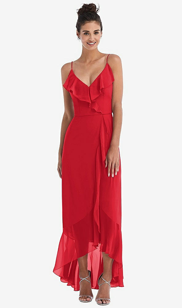 Front View - Parisian Red Ruffle-Trimmed V-Neck High Low Wrap Dress