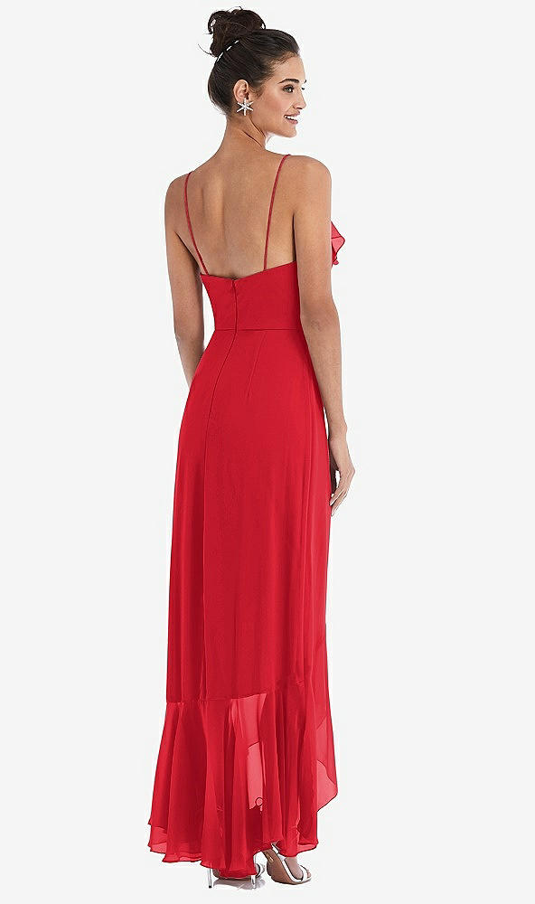 Back View - Parisian Red Ruffle-Trimmed V-Neck High Low Wrap Dress