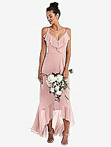 Alt View 1 Thumbnail - Rose - PANTONE Rose Quartz Ruffle-Trimmed V-Neck High Low Wrap Dress