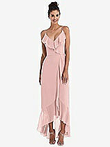 Front View Thumbnail - Rose - PANTONE Rose Quartz Ruffle-Trimmed V-Neck High Low Wrap Dress