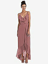 Front View Thumbnail - Rosewood Ruffle-Trimmed V-Neck High Low Wrap Dress