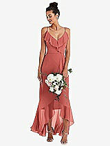 Alt View 1 Thumbnail - Coral Pink Ruffle-Trimmed V-Neck High Low Wrap Dress