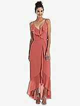 Front View Thumbnail - Coral Pink Ruffle-Trimmed V-Neck High Low Wrap Dress
