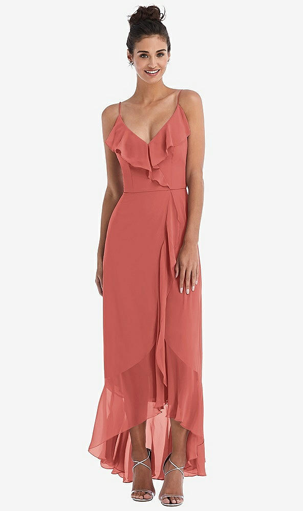 Front View - Coral Pink Ruffle-Trimmed V-Neck High Low Wrap Dress