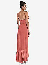 Rear View Thumbnail - Coral Pink Ruffle-Trimmed V-Neck High Low Wrap Dress