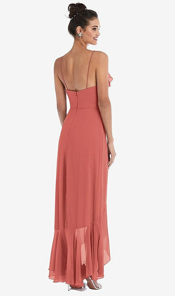 Back View - Coral Pink Ruffle-Trimmed V-Neck High Low Wrap Dress
