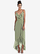 Front View Thumbnail - Sage Ruffle-Trimmed V-Neck High Low Wrap Dress