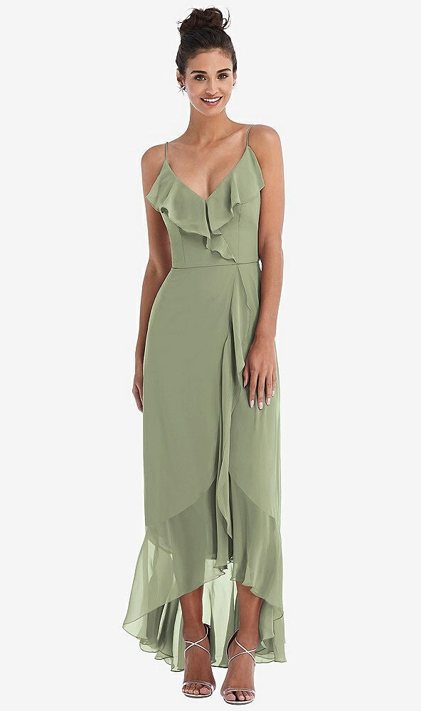 Front View - Sage Ruffle-Trimmed V-Neck High Low Wrap Dress