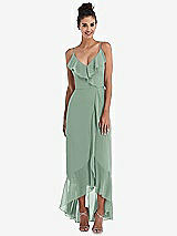 Front View Thumbnail - Seagrass Ruffle-Trimmed V-Neck High Low Wrap Dress
