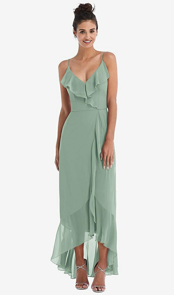 Front View - Seagrass Ruffle-Trimmed V-Neck High Low Wrap Dress