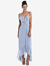 Front View Thumbnail - Sky Blue Ruffle-Trimmed V-Neck High Low Wrap Dress