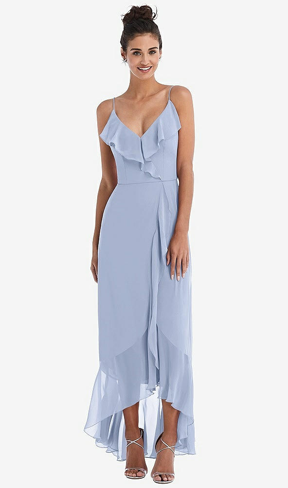 Front View - Sky Blue Ruffle-Trimmed V-Neck High Low Wrap Dress