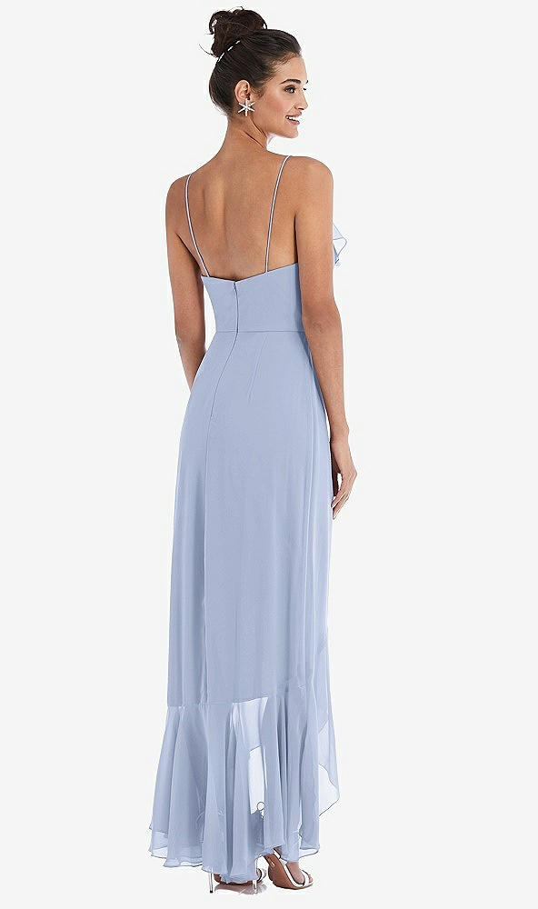 Back View - Sky Blue Ruffle-Trimmed V-Neck High Low Wrap Dress