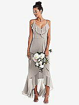 Alt View 1 Thumbnail - Taupe Ruffle-Trimmed V-Neck High Low Wrap Dress