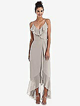 Front View Thumbnail - Taupe Ruffle-Trimmed V-Neck High Low Wrap Dress