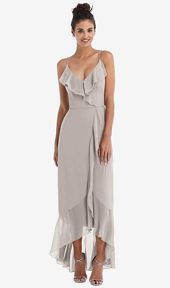 Front View - Taupe Ruffle-Trimmed V-Neck High Low Wrap Dress