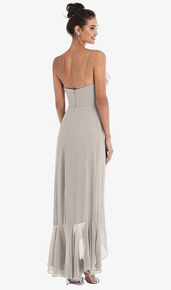 Back View - Taupe Ruffle-Trimmed V-Neck High Low Wrap Dress