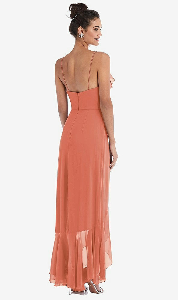 Back View - Terracotta Copper Ruffle-Trimmed V-Neck High Low Wrap Dress