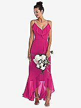Alt View 1 Thumbnail - Think Pink Ruffle-Trimmed V-Neck High Low Wrap Dress