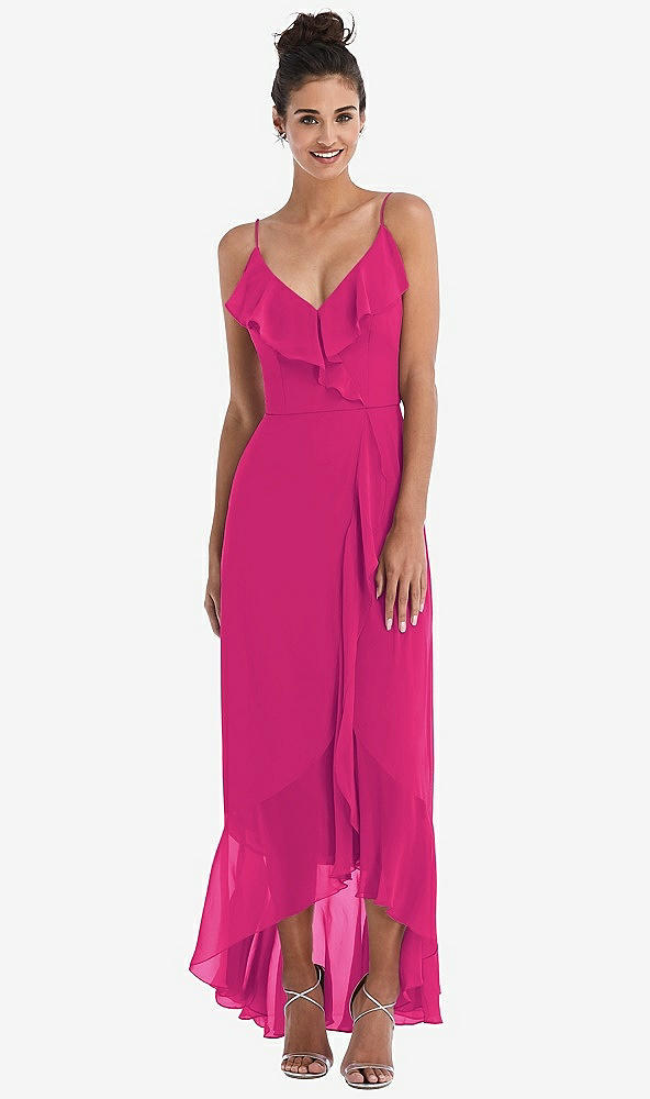 Front View - Think Pink Ruffle-Trimmed V-Neck High Low Wrap Dress