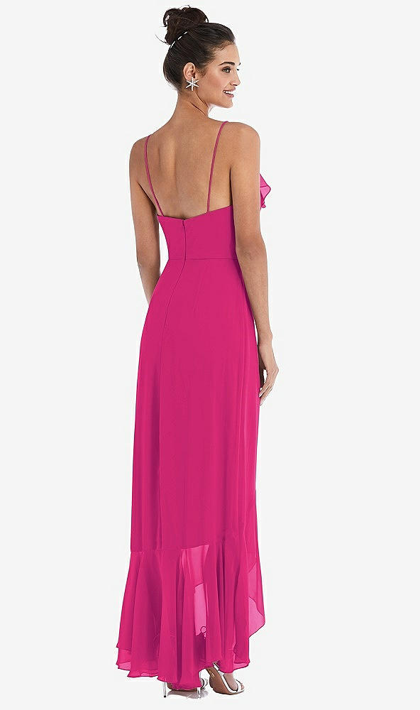 Back View - Think Pink Ruffle-Trimmed V-Neck High Low Wrap Dress