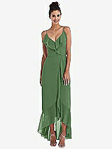 Front View Thumbnail - Vineyard Green Ruffle-Trimmed V-Neck High Low Wrap Dress