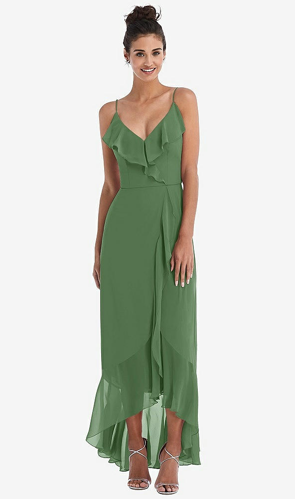 Front View - Vineyard Green Ruffle-Trimmed V-Neck High Low Wrap Dress