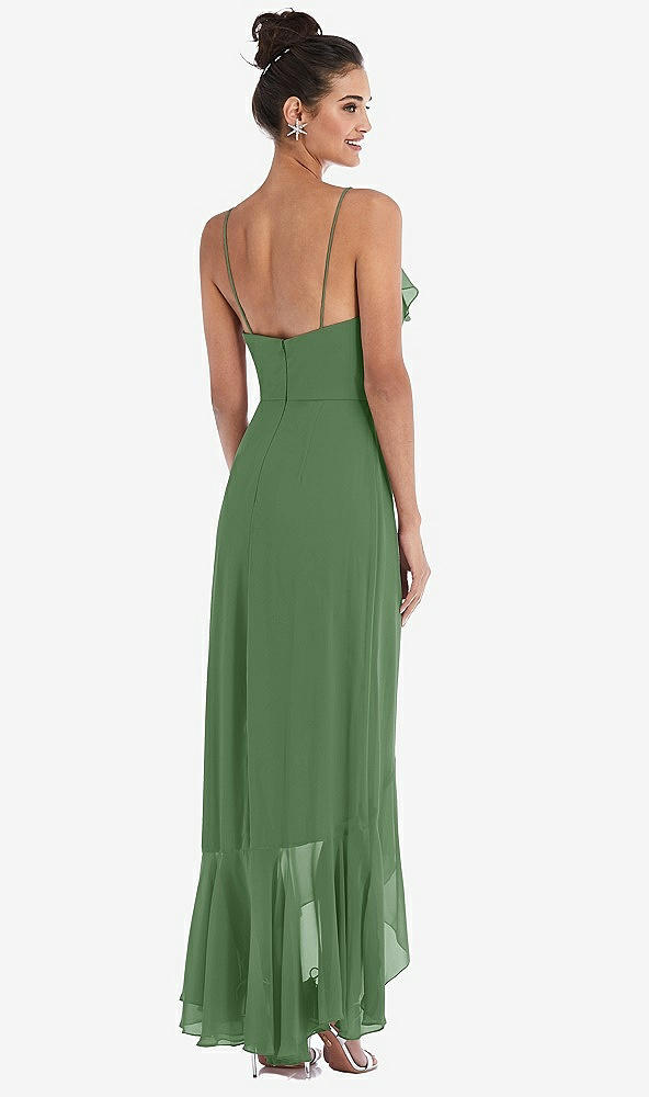 Back View - Vineyard Green Ruffle-Trimmed V-Neck High Low Wrap Dress