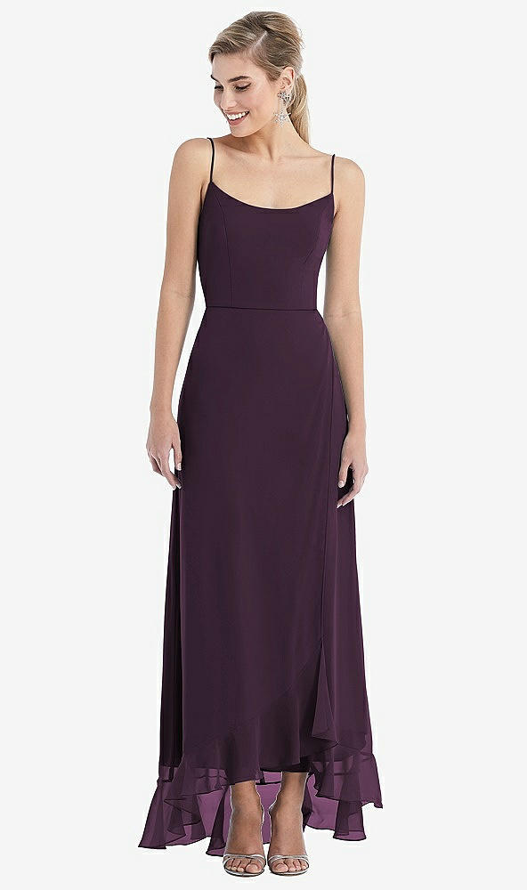 Front View - Aubergine Scoop Neck Ruffle-Trimmed High Low Maxi Dress