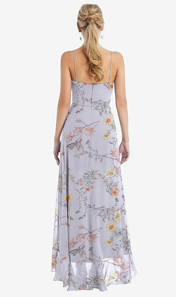 Back View - Butterfly Botanica Silver Dove Scoop Neck Ruffle-Trimmed High Low Maxi Dress