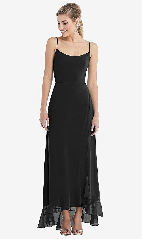 Front View - Black Scoop Neck Ruffle-Trimmed High Low Maxi Dress
