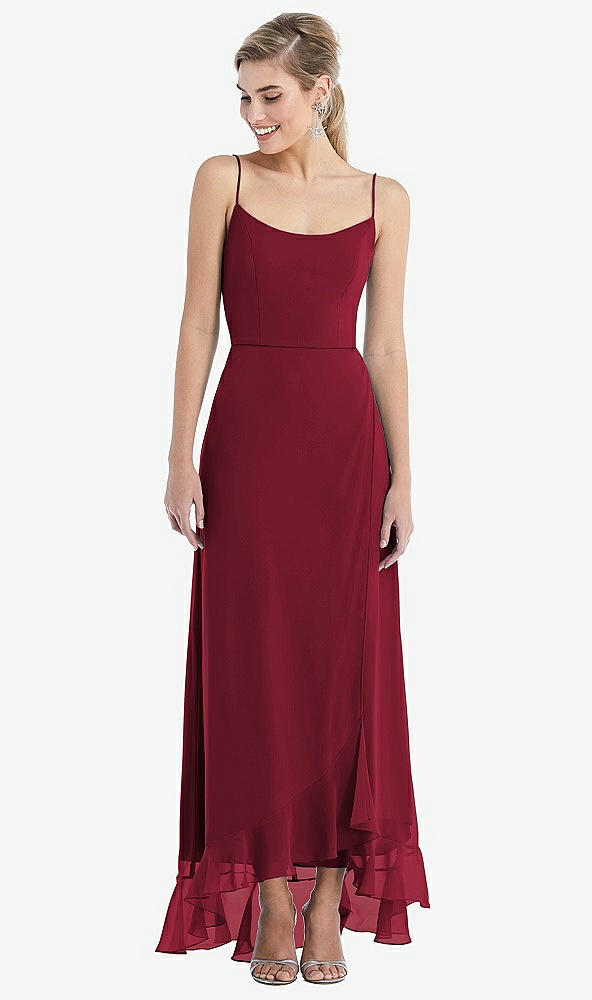Front View - Burgundy Scoop Neck Ruffle-Trimmed High Low Maxi Dress
