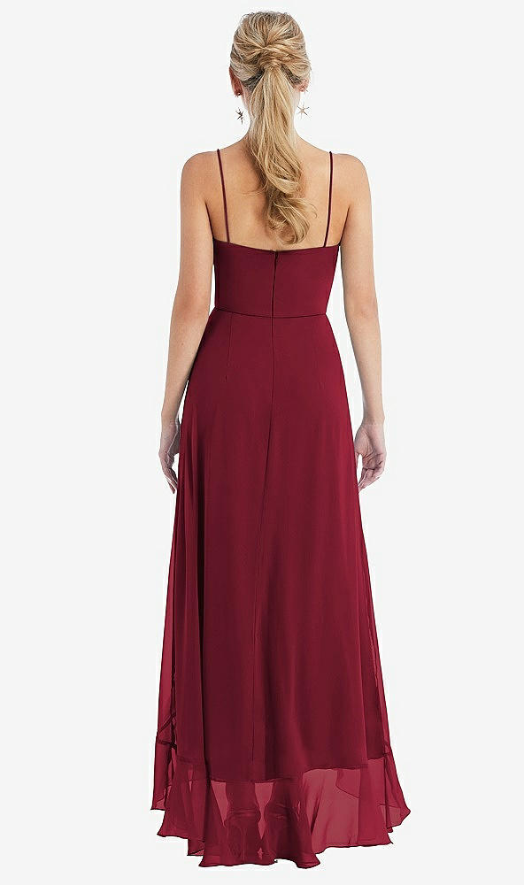 Back View - Burgundy Scoop Neck Ruffle-Trimmed High Low Maxi Dress