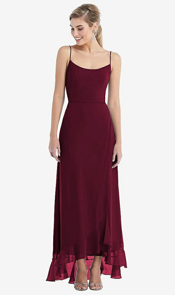 Front View - Cabernet Scoop Neck Ruffle-Trimmed High Low Maxi Dress
