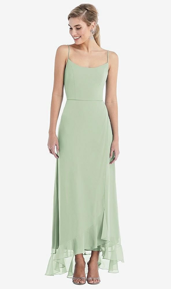 Front View - Celadon Scoop Neck Ruffle-Trimmed High Low Maxi Dress