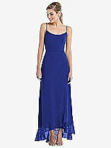 Front View Thumbnail - Cobalt Blue Scoop Neck Ruffle-Trimmed High Low Maxi Dress