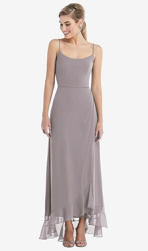 Front View - Cashmere Gray Scoop Neck Ruffle-Trimmed High Low Maxi Dress