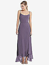 Front View Thumbnail - Lavender Scoop Neck Ruffle-Trimmed High Low Maxi Dress