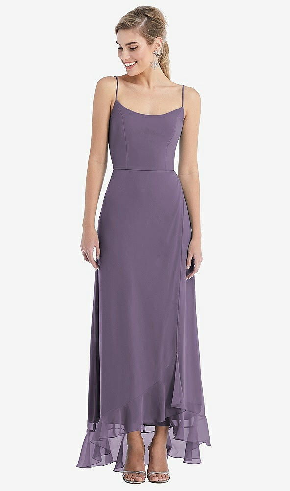 Front View - Lavender Scoop Neck Ruffle-Trimmed High Low Maxi Dress
