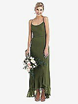Alt View 1 Thumbnail - Olive Green Scoop Neck Ruffle-Trimmed High Low Maxi Dress