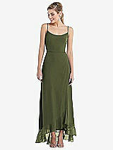Front View Thumbnail - Olive Green Scoop Neck Ruffle-Trimmed High Low Maxi Dress
