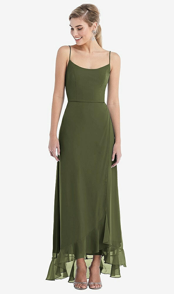 Front View - Olive Green Scoop Neck Ruffle-Trimmed High Low Maxi Dress