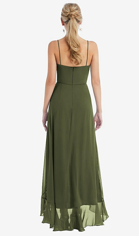 Back View - Olive Green Scoop Neck Ruffle-Trimmed High Low Maxi Dress
