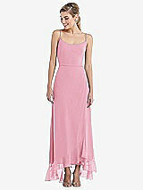 Front View Thumbnail - Peony Pink Scoop Neck Ruffle-Trimmed High Low Maxi Dress