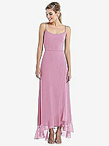 Front View Thumbnail - Powder Pink Scoop Neck Ruffle-Trimmed High Low Maxi Dress