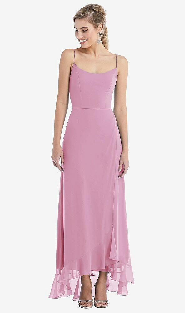 Front View - Powder Pink Scoop Neck Ruffle-Trimmed High Low Maxi Dress