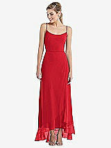 Front View Thumbnail - Parisian Red Scoop Neck Ruffle-Trimmed High Low Maxi Dress