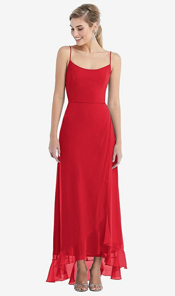 Front View - Parisian Red Scoop Neck Ruffle-Trimmed High Low Maxi Dress
